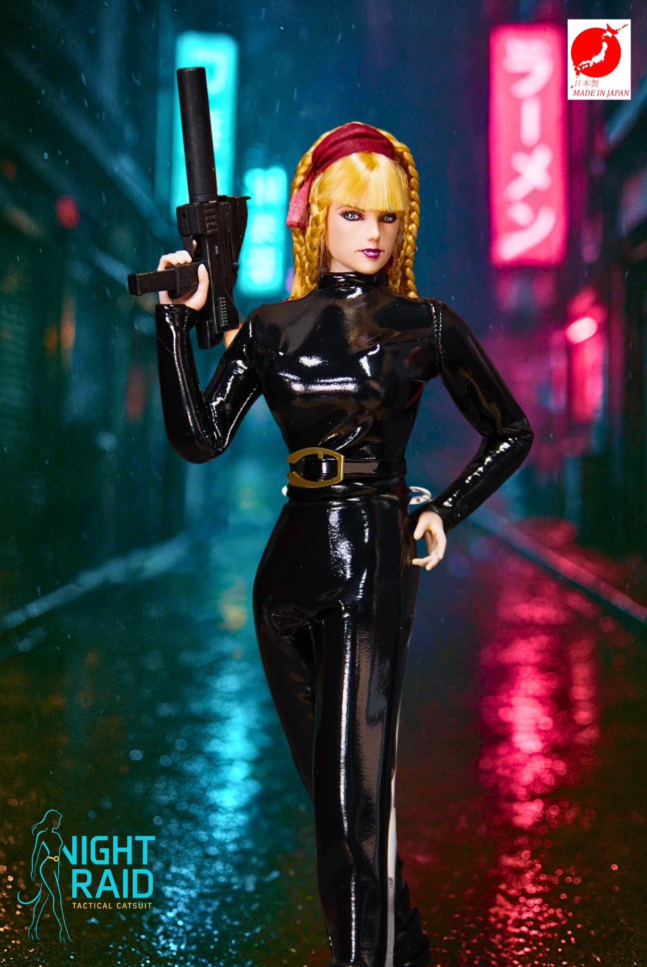 "Night Raid Tactical Catsuit – Gloss Black PU Ensemble for 1/6 TBLeague" (Full sleeves, high collar, belt included)
