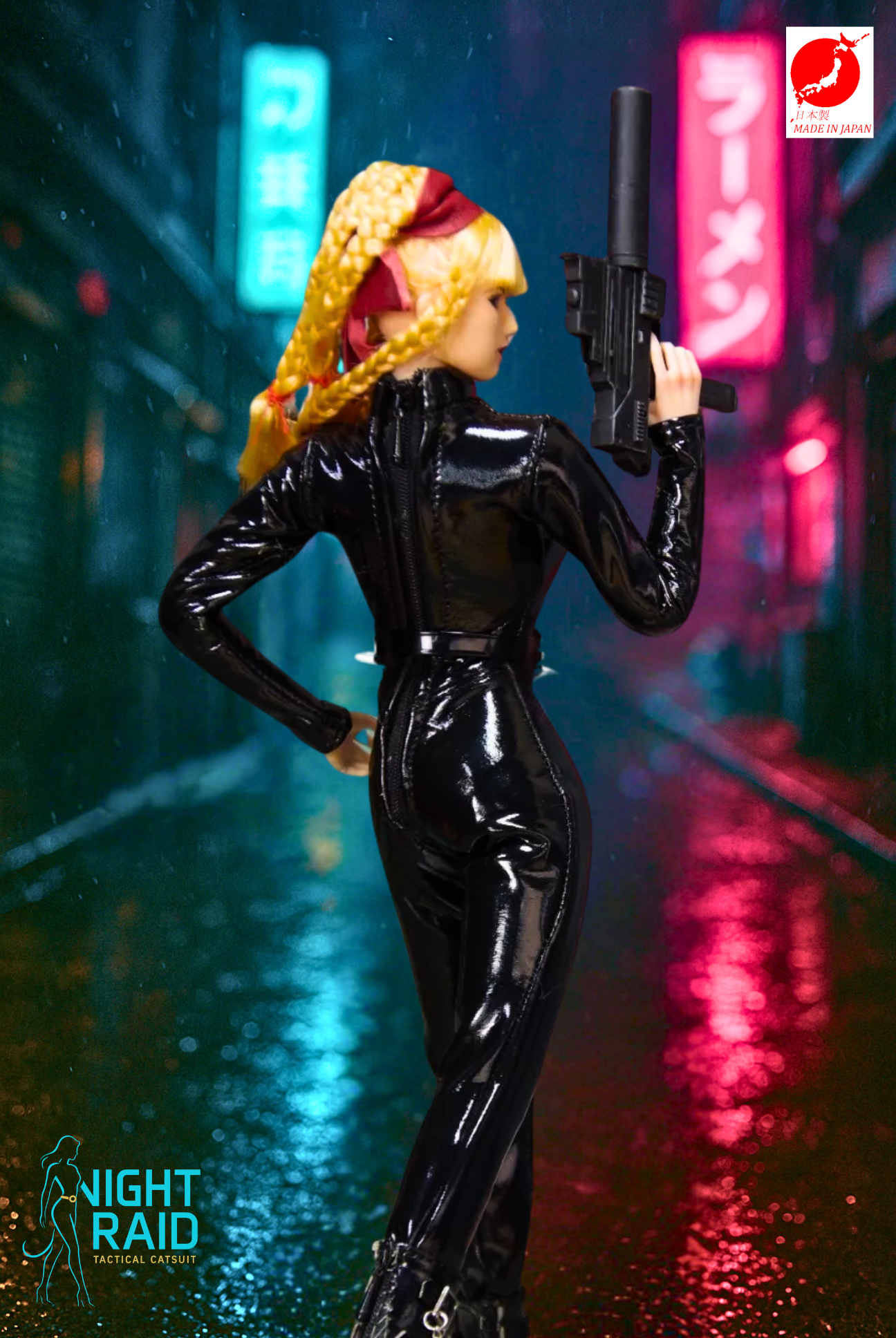 "Night Raid Tactical Catsuit – Gloss Black PU Ensemble for 1/6 TBLeague" (Full sleeves, high collar, belt included)
