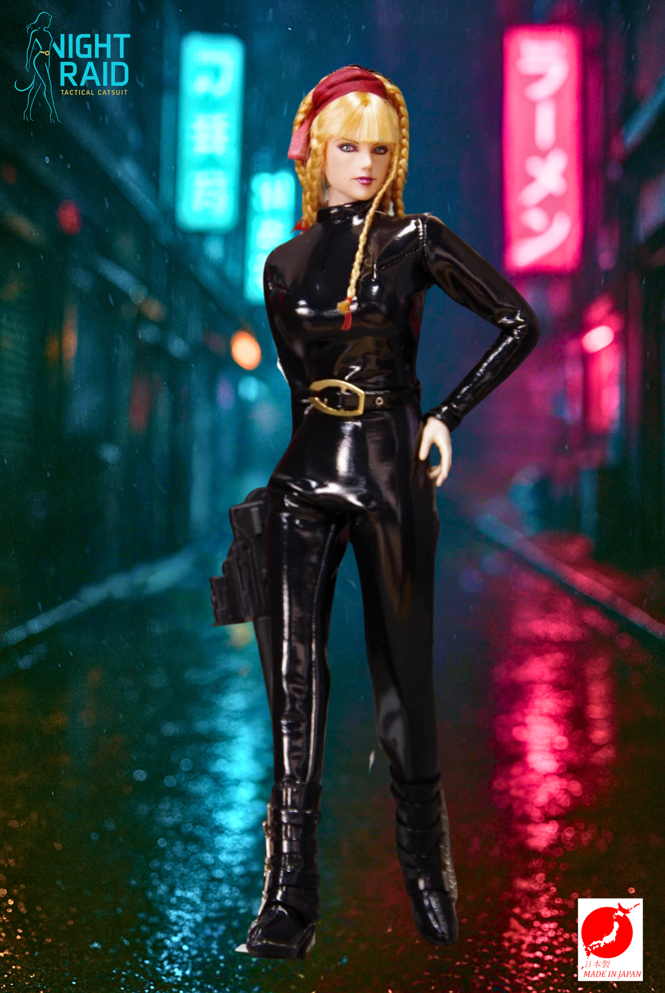 "Night Raid Tactical Catsuit – Gloss Black PU Ensemble for 1/6 TBLeague" (Full sleeves, high collar, belt included)
