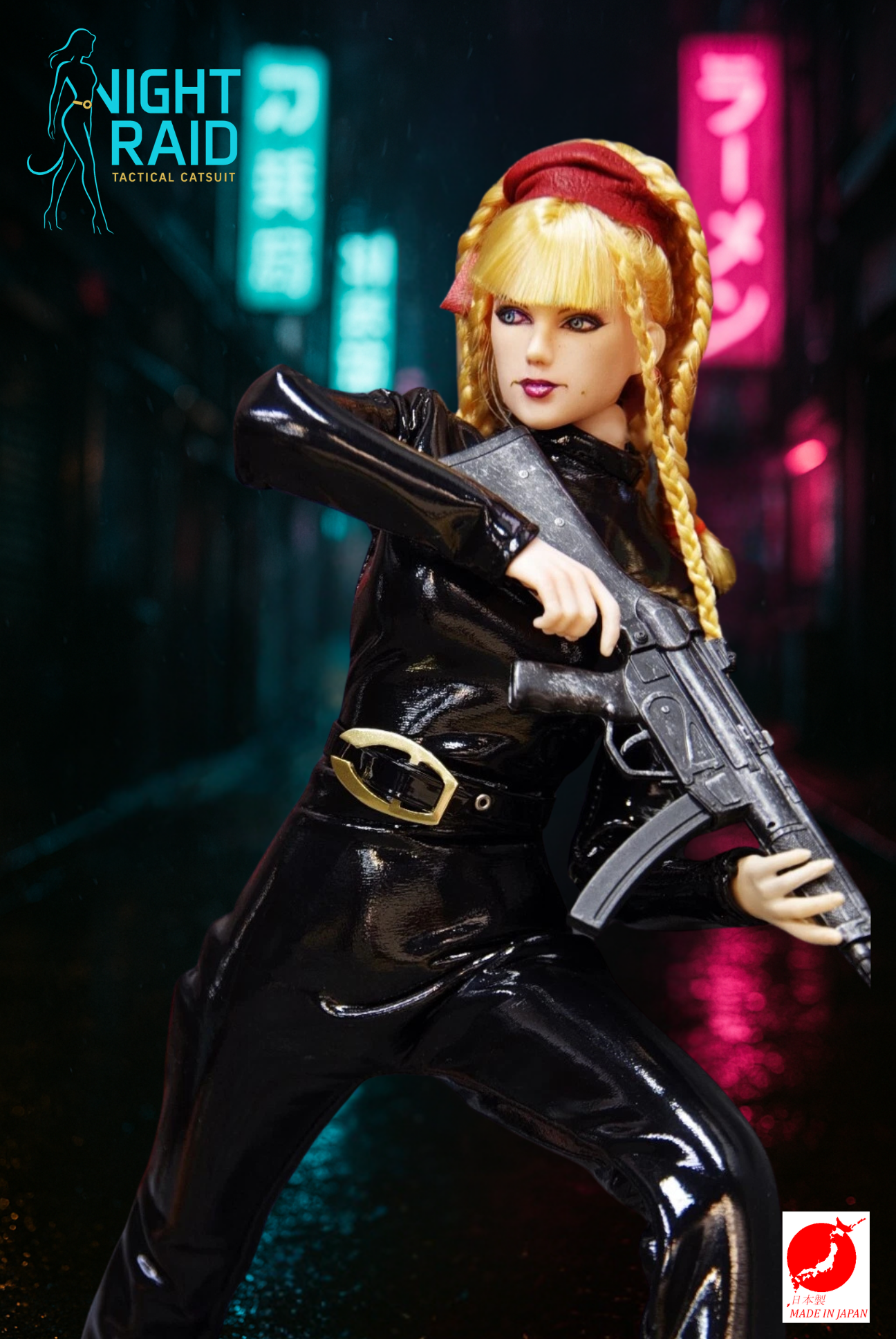 "Night Raid Tactical Catsuit – Gloss Black PU Ensemble for 1/6 TBLeague" (Full sleeves, high collar, belt included)