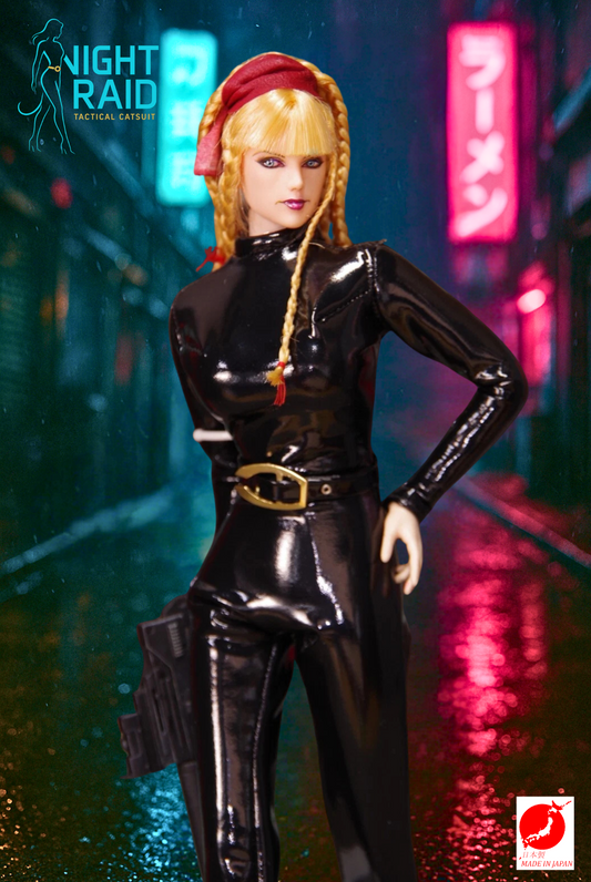 "Night Raid Tactical Catsuit – Gloss Black PU Ensemble for 1/6 TBLeague" (Full sleeves, high collar, belt included)